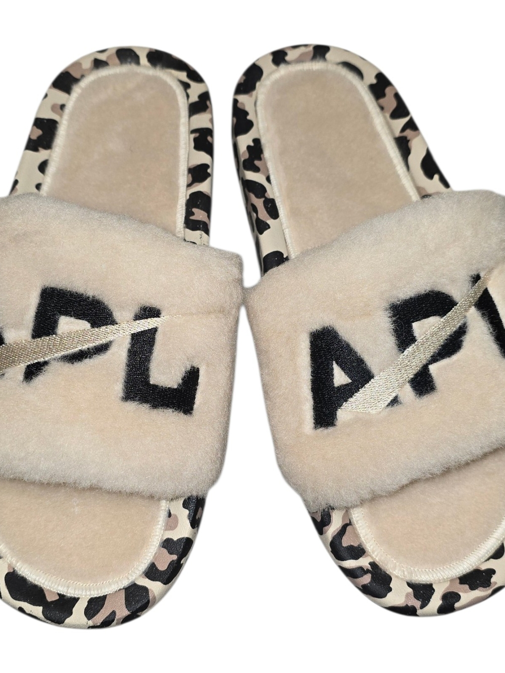 APL Women’s Shearling Slide Slippers Leopard Faux Fur Parchment Sz 7 NIB